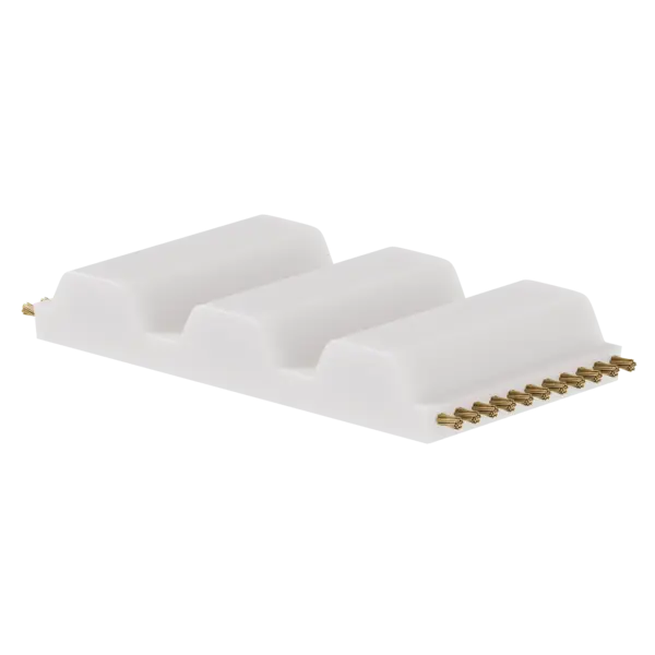 Zahnriemenanschnitt eines weißen Zahnriemens ohne Wickelnase mit drei Zähnen und sichtbaren Kevlar-Zugträgern.