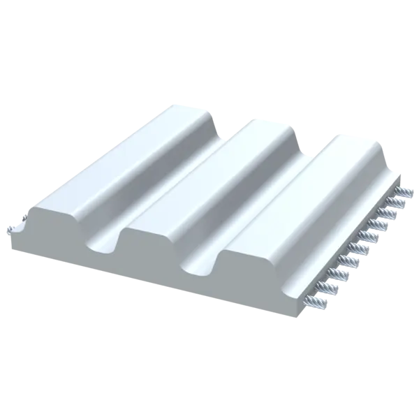 Zahnriemenanschnitt eines weißen Zahnriemens ohne Wickelnase mit drei Zähnen und sichtbaren Stahl-Zugträgern.