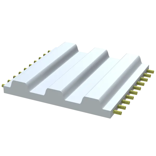 Zahnriemenanschnitt eines weißen Zahnriemens ohne Wickelnase mit drei Zähnen und sichtbaren Kevlar-Zugträgern.