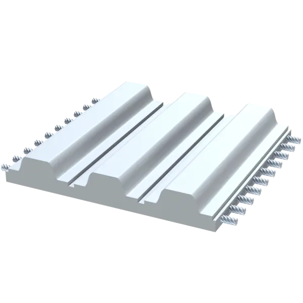 Querschnitt eines Polyurethan-Zahnriemens mit Stahlzugträgern zur Verstärkung.
