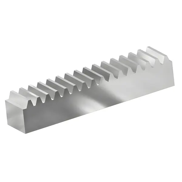 Metallene Zahnstange aus Edelstahl mit gleichmäßig verteilten, geraden Zähnen.