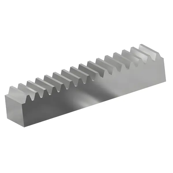 Metallische Zahnstange mit geraden, gleichmäßigen Zähnen und glatter Oberfläche.