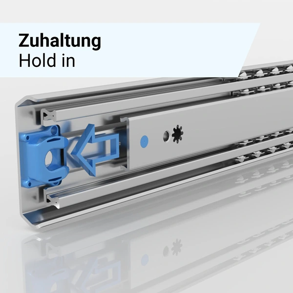 Schubladenschiene mit blauer Zuhaltungskomponente, die eine Sicherungsfunktion in der Führungsschiene zeigt.