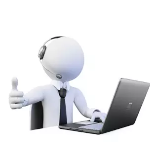 Eine stilisierte, menschenähnliche Figur mit Headset sitzt vor einem Laptop und zeigt den Daumen nach oben.