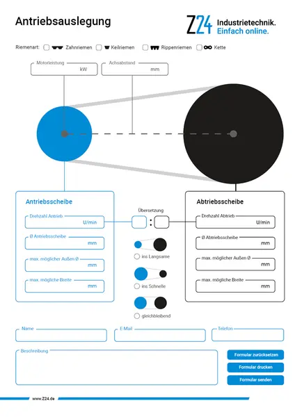 Diagramm zur Antriebsauslegung mit Auswahlmöglichkeiten für Riemenarten, Darstellung von Antriebs- und Abtriebsscheiben, Eingabefeldern für Drehzahl und Dimensionen sowie Formularfeldern für persönliche Daten.