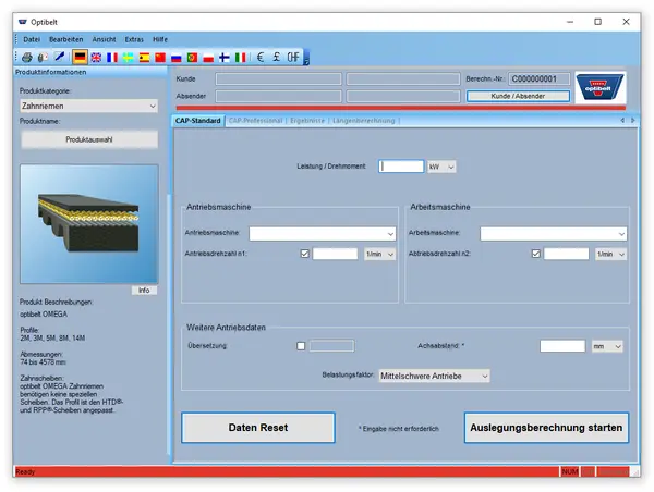 Benutzeroberfläche der Optibelt CAP-Software mit Feldern zur Eingabe von Produktinformationen, Antriebsdaten und Auswahl der Antriebsart für die Berechnung von Riemenantrieben.