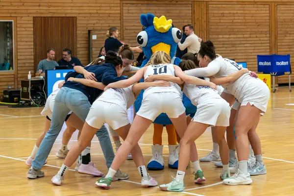 Die Basketballerinnen stehen in einem Kreis, umarmen sich und in der Mitte befindet sich das neue Maskottchen Birdie.