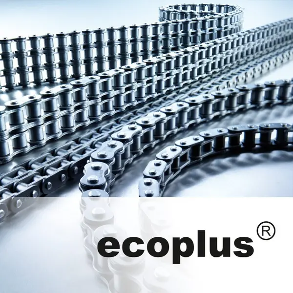 Mehrere Rollenketten aus Metall, mit dem Schriftzug "ecoplus" im unteren Bereich.