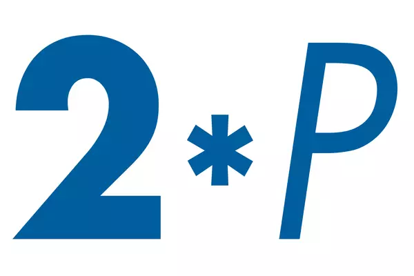 Große blaue Zahl 2 gefolgt von einem Sternsymbol und einem großen Buchstaben P auf weißem Hintergrund.