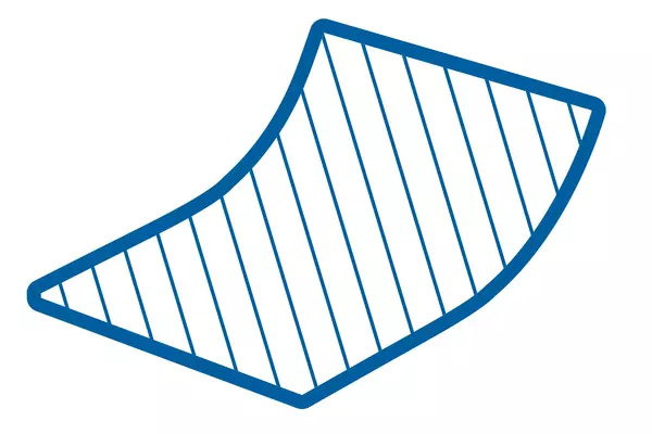 Abstraktes, Viereck mit blauer Umrandung mit schrägen Linien innerhalb einer unregelmäßigen Form.
