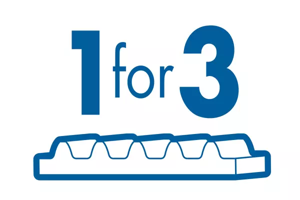 Zahnriemenanschnitt mit 5 Zähnen, welche nach oben zeigen und mit dem Schriftzug "1 for 3" darauf.