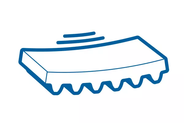 Ein Zahnriemenanschnitt-Symbol mit blauer Umrandung mit wellenförmigen Linien darüber, die Vibration oder Geräuschreduktion darstellen.