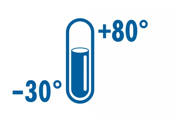 Thermometer-Symbol zeigt Temperaturbereich von -30°C bis +80°C an.