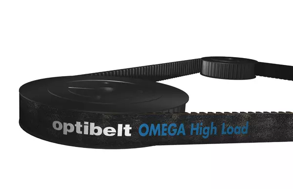 Zahnriemen mit der Aufschrift "optibelt OMEGA High Load", der auf zwei schwarzen Zahnriemenscheiben läuft.