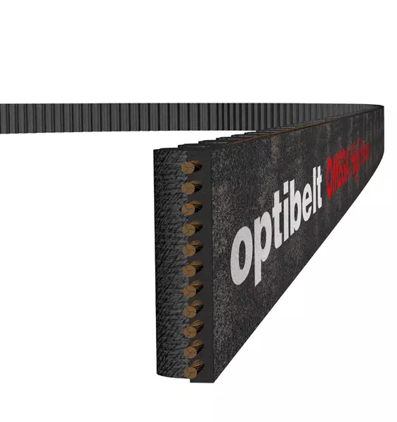 Zahnriemenanschnitt mit der Beschriftung "Optibelt OMEGA HP," zeigt Querschnitt durch das Material und die verstärkten Zugträger.
