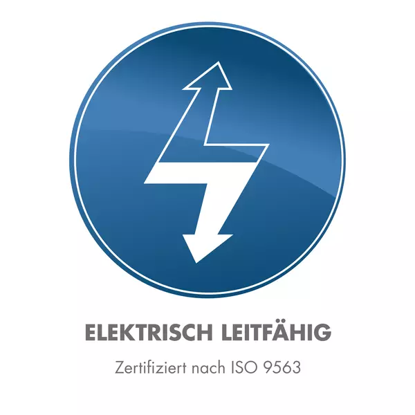 Blaues Symbol mit weißem Blitzpfeil, darunter der Text "Elektrisch Leitfähig, Zertifiziert nach ISO 9563".