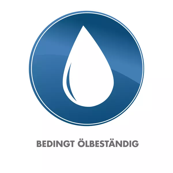Ein weißer Tropfen innerhalb eines blauen Kreises, darunter der Text "BEDINGT ÖLBESTÄNDIG".