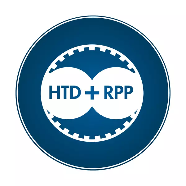 Blaues, kreisförmiges Logo mit den Buchstaben HTD + RPP in der Mitte und darum ein Zahnriemen als Kreis.