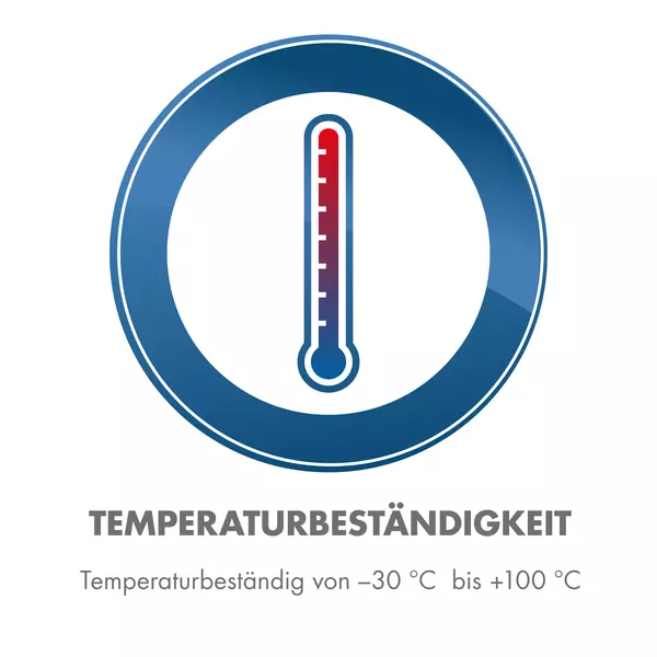 Thermometer-Symbol in einem blauen Kreis mit Text "Temperaturbeständigkeit", darunter Temperaturbereich von -30°C bis +100°C.