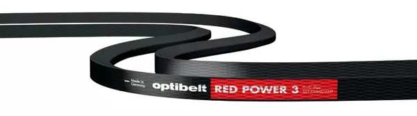 Schwarzer Keilriemen mit der Aufschrift "Optibelt RED POWER 3" und einem roten Etikett in einer geschwungenen Anordnung.