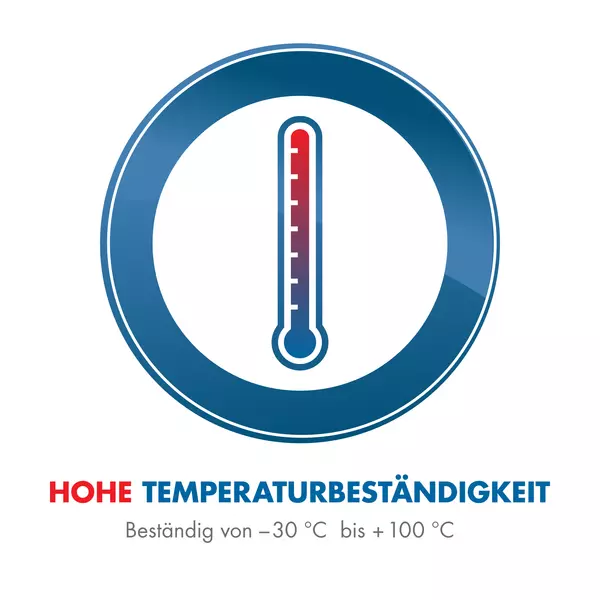 Thermometer-Icon in einem blauen Kreis mit Farbübergang von Blau zu Rot, darunter Text: "Hohe Temperaturbeständigkeit, beständig von -30 °C bis +100 °C".