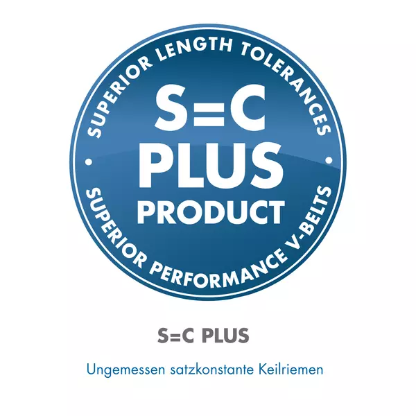 Blaues Siegel mit weißem Text "S=C PLUS PRODUCT", umrahmt von "SUPERIOR LENGTH TOLERANCES" und "SUPERIOR PERFORMANCE V-BELTS", darunter der Text "Ungemessen satzkonstante Keilriemen".