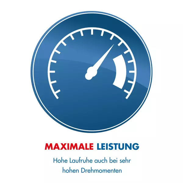 Blaues Tachometer mit einem weißen Zeiger, der auf hohe Leistung weist, darunter Text "MAXIMALE LEISTUNG" in Rot und Blau mit Hinweis auf hohe Laufruhe auch bei sehr hohen Drehmomenten.