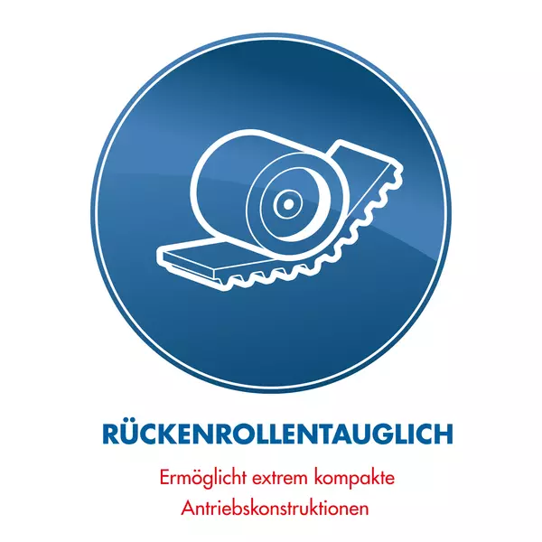 Ein blauer Kreis mit einem Keilriemen mit Rückenspannrolle darin; darunter der Text "RÜCKENROLLENTAUGLICH – Ermöglicht extrem kompakte Antriebskonstruktionen".