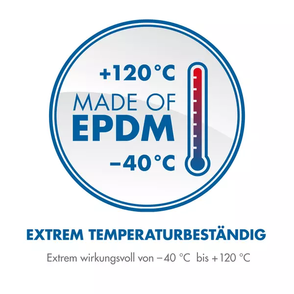 Kreisförmiges Symbol mit einem Thermometer und den Temperaturangaben +120°C und -40°C, Text "Made of EPDM", darunter "Extrem temperaturbeständig, extrem wirkungsvoll von -40°C bis +120°C".