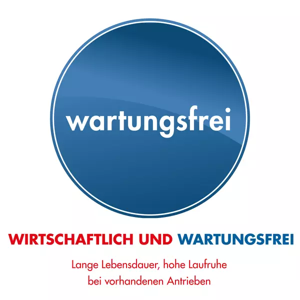 Blauer Kreis mit dem Wort "wartungsfrei", darunter roter und blauer Text: "Wirtschaftlich und wartungsfrei. Lange Lebensdauer, hohe Laufruhe bei vorhandenen Antrieben."