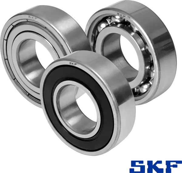 Drei Rillenkugellager von SKF mit verschiedenen Dichtungsarten: offen, Berührungsdichtung und Dichtscheiben