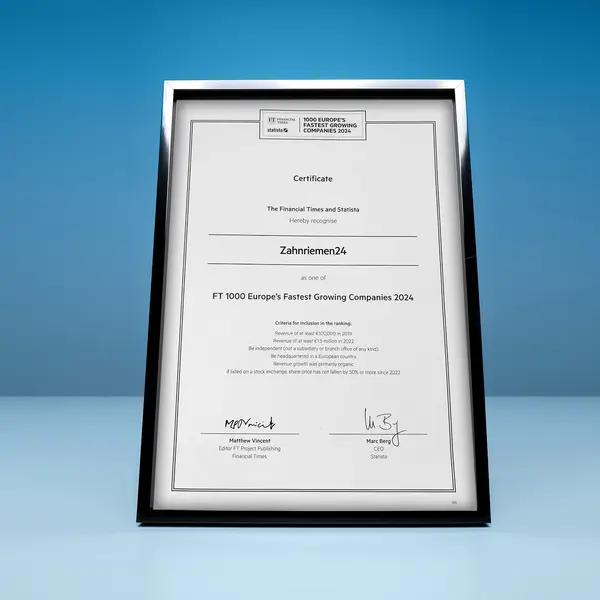 Gerahmtes Zertifikat mit der Aufschrift "Zahnriemen24" als eines der 1000 am schnellsten wachsenden Unternehmen Europas 2024, verliehen von der Financial Times und Statista.
