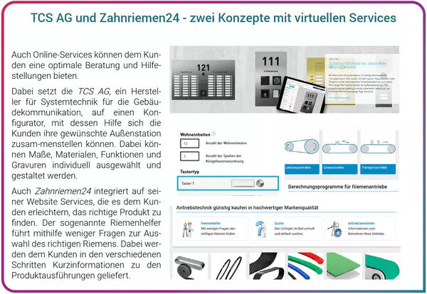 Zahnriemen24 bieten virtuelle Services zur Kundenberatung. Die Abbildung zeigt zwei Konfiguratoren: einen für Gebäudekommunikation mit individuell gestaltbaren Außenstationen und einen für Riemenprodukte, der durch gezielte Fragen zur Produktauswahl führt.