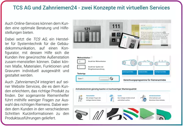 Zahnriemen24 bieten virtuelle Services zur Kundenberatung. Die Abbildung zeigt zwei Konfiguratoren: einen für Gebäudekommunikation mit individuell gestaltbaren Außenstationen und einen für Riemenprodukte, der durch gezielte Fragen zur Produktauswahl führt.