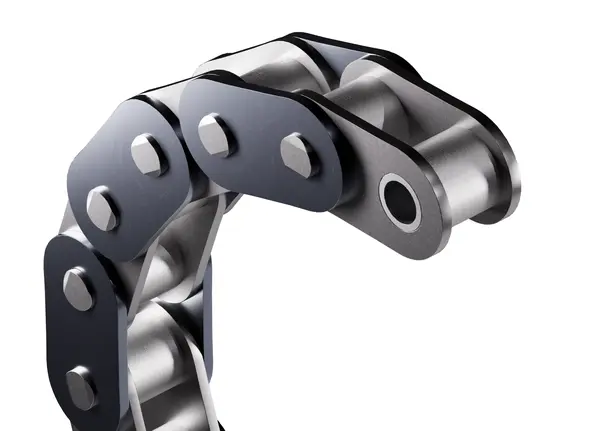 Eine metallene einreihige Förderkette mit geraden Laschen.