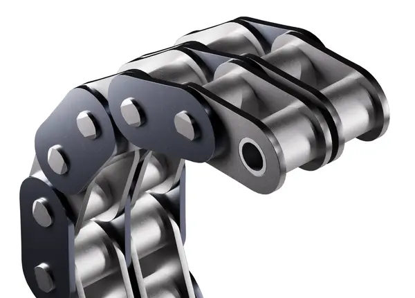 Eine metallene zweireihige Förderkette mit geraden Laschen.