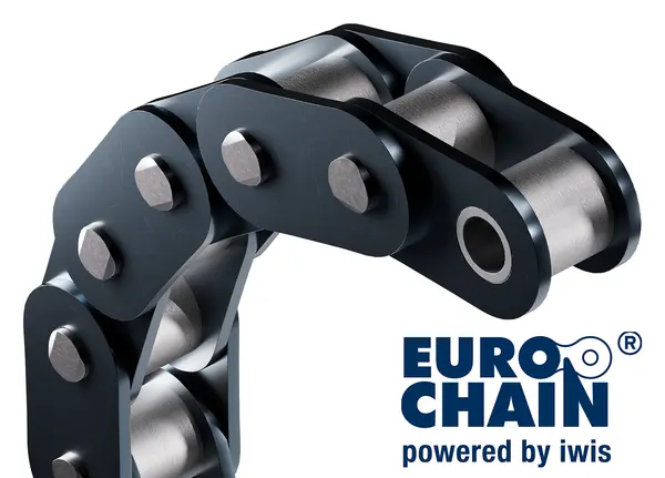 Förderkette mit dem Eurochain-Logo und dem Text „powered by iwis“ daneben.