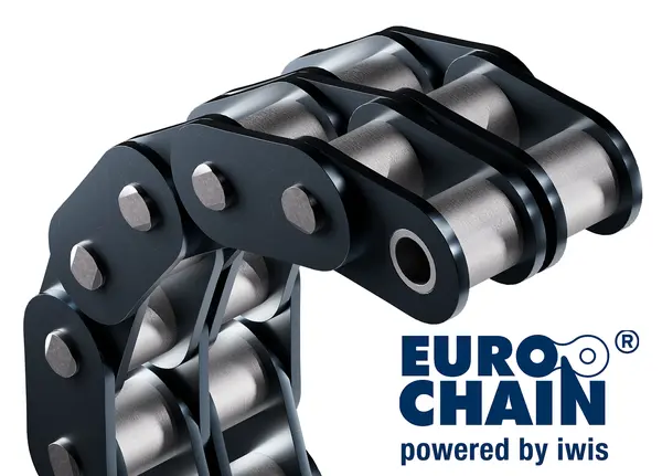 Silberne zweireihige Förderkette mit dunklen Gliedern, daneben das Eurochain-Logo.