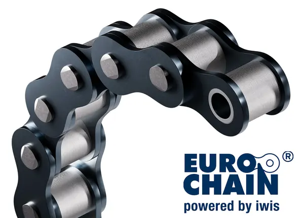 Eine Eurochain Simplex-Rollenkette; darunter der Schriftzug "EURO CHAIN powered by iwis".