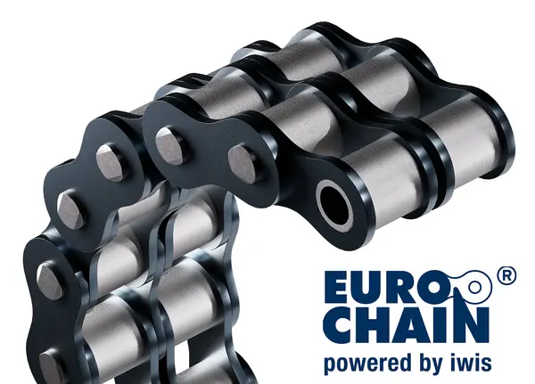 Zweireihige Eurochain-Rollenkette von IWIS, bestehend aus robusten, metallischen Gliedern.