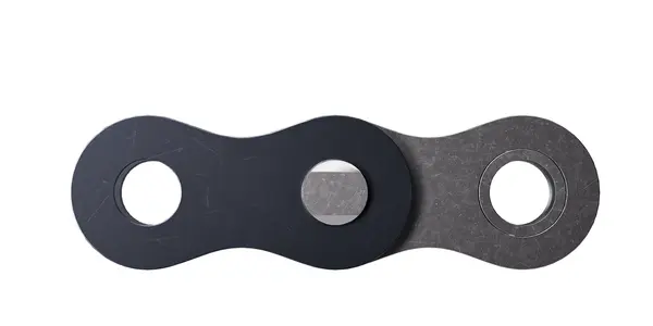 Schwarze Rollenkette mit geschwungenen seitlichen Laschen.