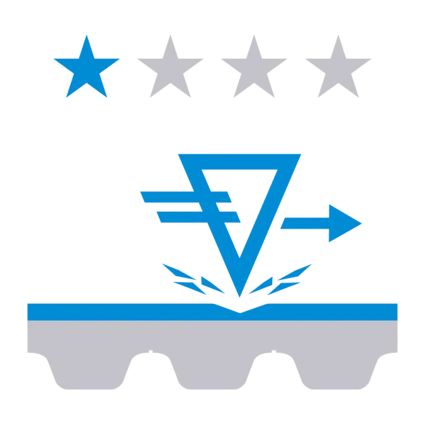 Symbol für niedrige Abrieb­festigkeit: Eine blaue Abriebmarkierung über einer Förderbandoberfläche, darüber ein einzelner blauer Stern neben vier grauen Sternen.