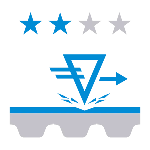 Symbolgrafik mit zwei von fünf Sternen und einem Verschleiß-Piktogramm über einer Oberfläche – steht für eine mittel-niedrige Abrieb­festigkeit und eine begrenzte Widerstandsfähigkeit gegen Abnutzung.
