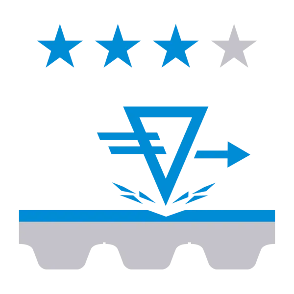 Symbolgrafik mit vier blauen Sternen und einem Abriebsymbol über einer blauen Beschichtung.