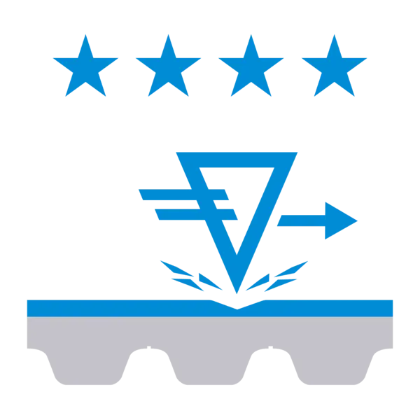 Grafisches Symbol für hohe Abrieb­festigkeit: Vier blaue Sterne über einem Abriebsymbol, bestehend aus einer stilisierten, blauen Form über einem grauen Förderbandprofil