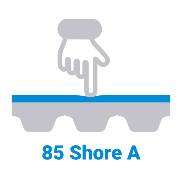 Symbolgrafik einer Hand, die auf eine Oberfläche drückt, mit der Beschriftung ’85 Shore A’ – steht für die Shorehärte des Materials.