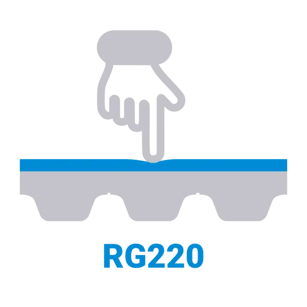 Symbolgrafik einer Hand, die mit dem Finger auf eine Förderbandoberfläche drückt – steht für das weiche, nachgiebige Material RG220.