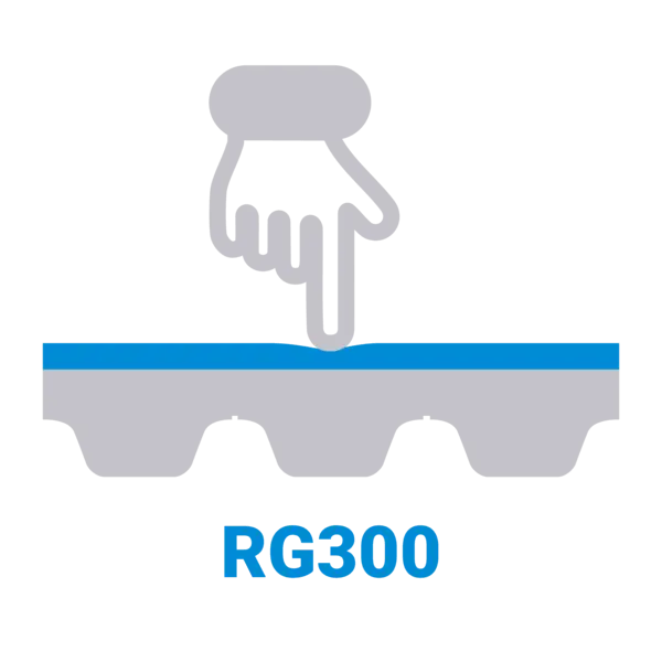 Symbolgrafik einer Hand, die mit dem Finger auf eine Förderbandoberfläche drückt – steht für das weiche, nachgiebige Material RG300.