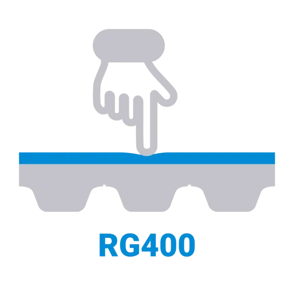 Symbolgrafik einer Hand, die mit dem Finger auf eine Förderbandoberfläche drückt – steht für das weiche, nachgiebige Material RG400.