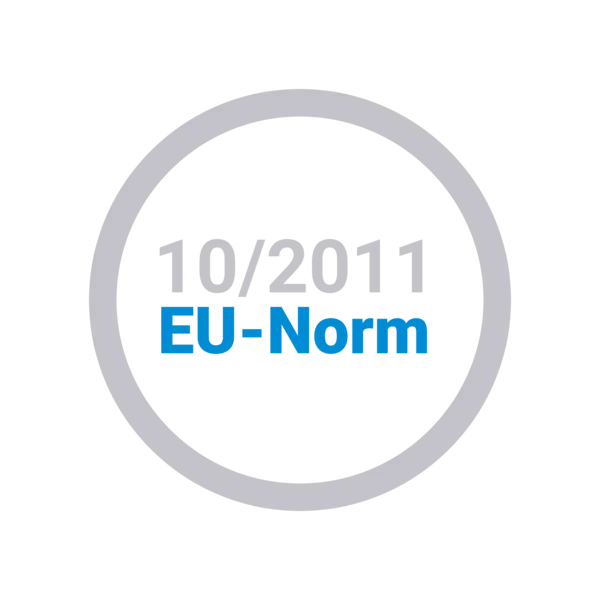 Symbolgrafik eines grauen Kreises mit der Aufschrift „10/2011 EU-Norm“ – steht für die Einhaltung der europäischen Verordnung 10/2011 für Materialien mit Lebensmittelkontakt.